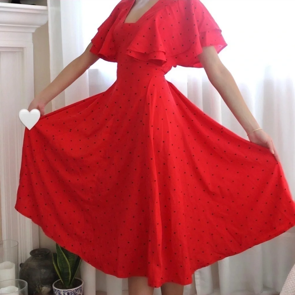 mini polka dot ruffle angel sleeve midi dress​​​​​​​